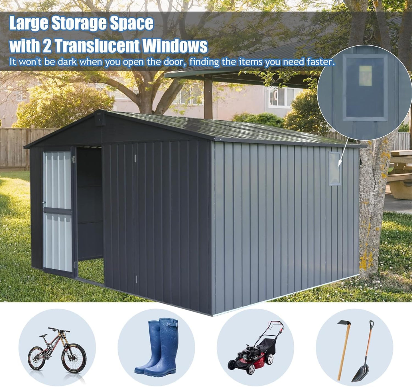 IKERY Large Galvanized Steel Storage Shed 11' x 9' with Windows & Lockable Door - Outdoor Garden & Utility Tool Shed for Backyard, Patio - Dark Gray