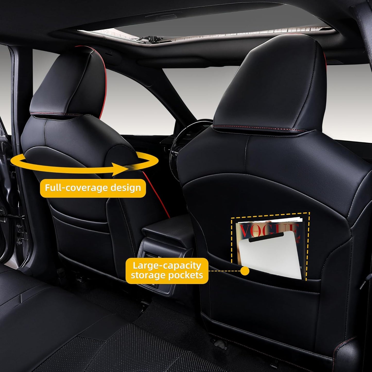 Custom Fit Camry Seat Covers for Toyota Camry LE,SE,SE Nightshade 2018-2024 Full Coverage Waterproof Breathable Leather Car Seat Covers Full Set(Black with Red Trim)