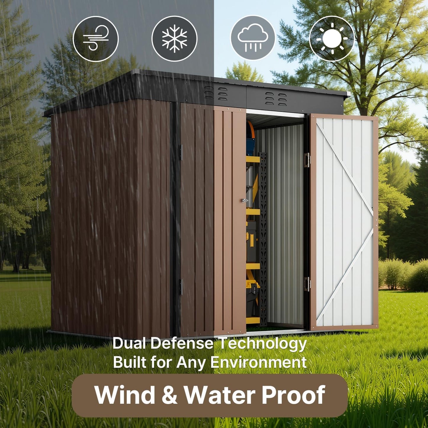 Bealife Outdoor Storage Shed Clearance, Metal Outdoor Storage Cabinet, Waterproof Tool Shed, Lockable Backyard Shed for Garden, Patio and Lawn (Brown, 6' x 4')