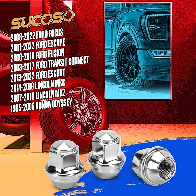 M12x1.5 Lug Nuts, One-Piece Large Acorn Seat OEM Factory Wheel Nut Replacement for 2001-2025 Ford Escape, 2012-2018 Ford Focus, 2006-2019 F-ord Fusion & Lincoln MKC/MKZ, Chrome Anti-Rust Replacement