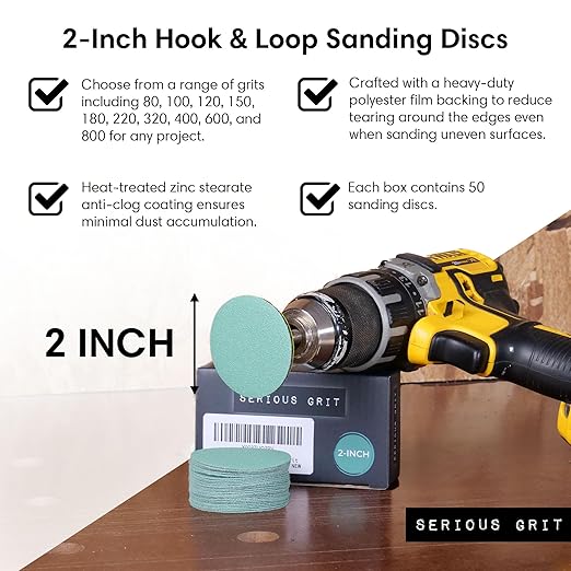 Serious Grit - 2-Inch 80 Grit Sanding Discs - Heavy-Duty Hook & Loop Film Discs - Sandpaper for Woodturning, Bowl Sanding & Power Tool Drill Attachment Sanding Pads - Pack of 50