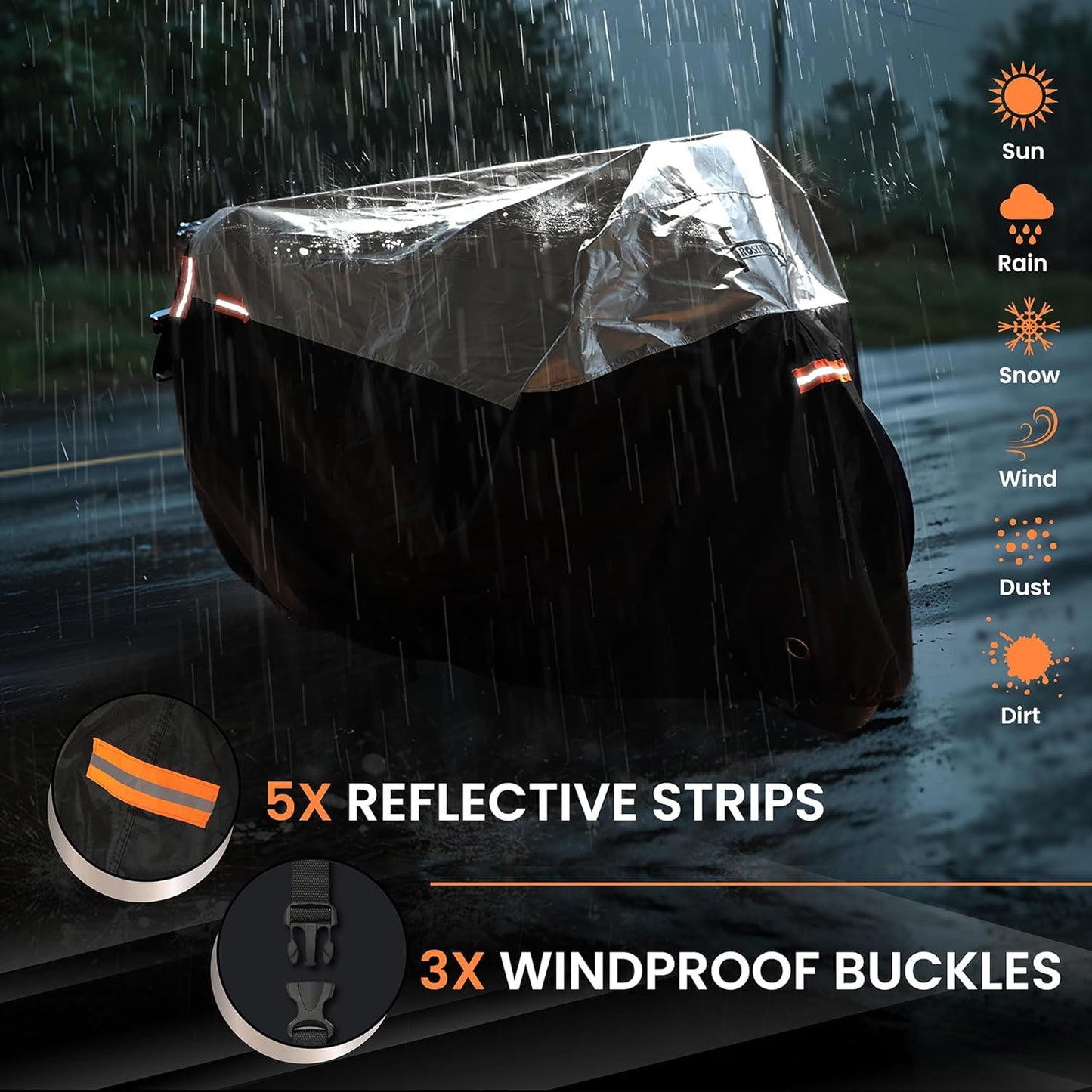 Motorcycle Cover Waterproof Outdoor with Cotton Lining, All Weather Protection from Rain, Dust & Snow - 300D Heavy Duty, Lock Holes, Storage Bag, Universal Fits up to 108" Motorcycles - MC2