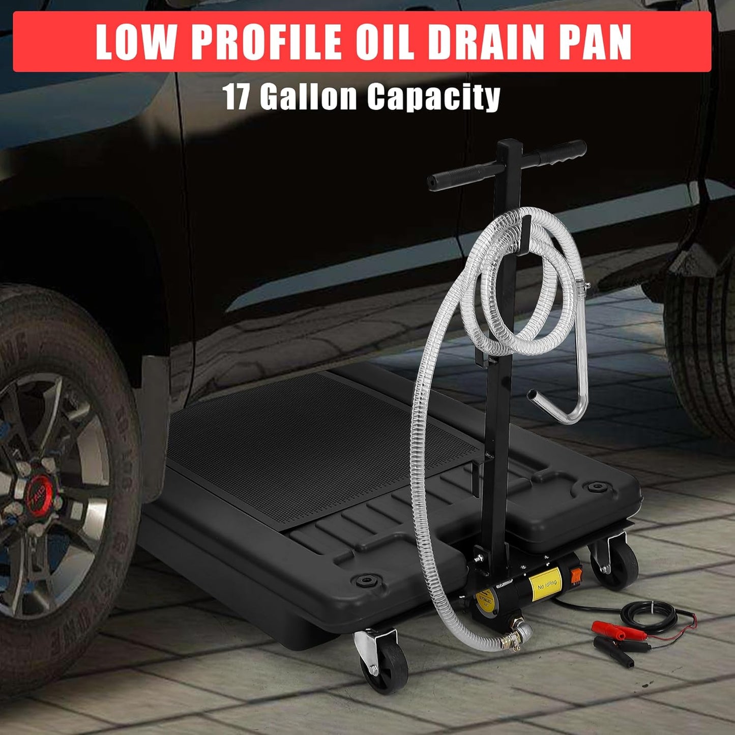 ‌17 Gal Electric Oil Drain Pan, Low Profile Mobile Oil Changing Pan with Hand Pump, 8 Ft Hose & Quick Drain Valve, Leak-Proof Design for Truck Car Motorcycle, Garage Workshop Use