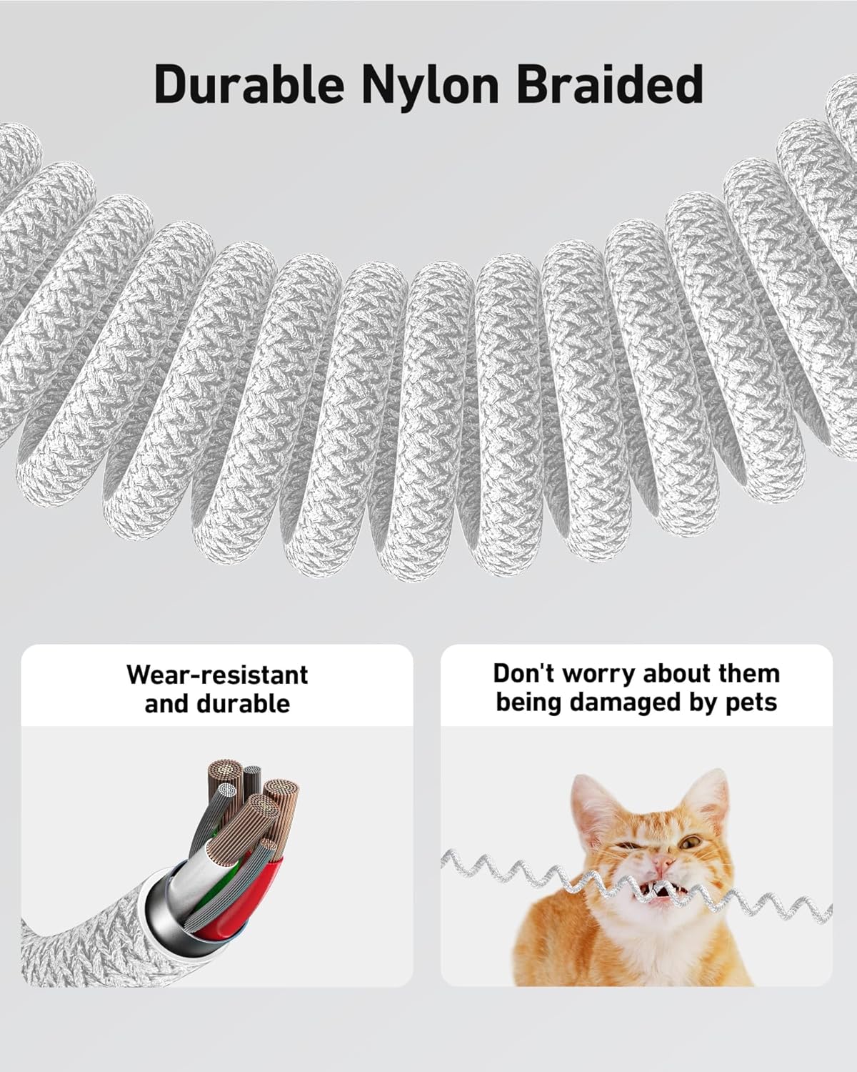 USB C to C Cable 6ft for Car, Coiled Braided USB Type C Cable 66W Fast Charging Cord USBC Cables Compatible with iPhone 16 15 Pro Max, iPad, Samsung Galaxy, Google Pixel Phones-Silver 2Pack