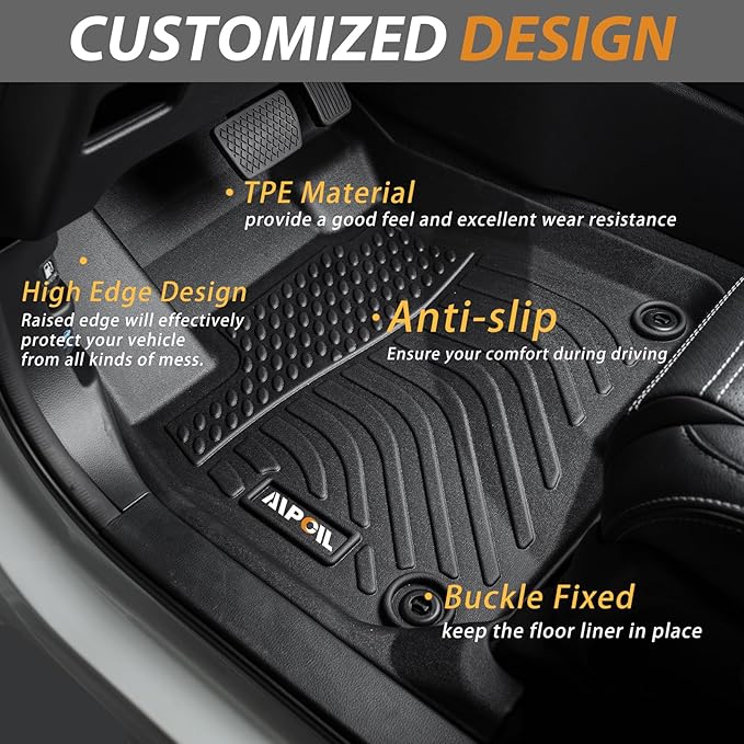AIPOIL® Floor Mats for 2022-2025 2026 Toyota Tundra Double Cab Fits 1st & 2nd Row TPE All Weather Anti-Slip Floor Liners Full Set Custom Car Mats Accessories, Black