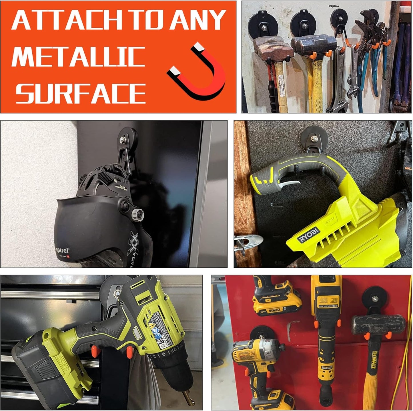 ULIBERMAGNET Heavy Duty Magnetic Garage Hook,6 Pack Strong Large Magnet Hooks for Power Drill,Garden Tools,Hose,Pegboard,Garage, Workshop,Magnetic Storage Hooks for Indoor Outdoor Hanging(Black)