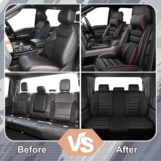 Full Set Car Seat Covers for GMC Sierra 1500/2500/3500 Denali SLT AT4 AT4X Base Seat Covers 2008-2025, Waterproof Premium Nappa Leather Seat Protectors(Luxury 5 Seats/Black&Red)