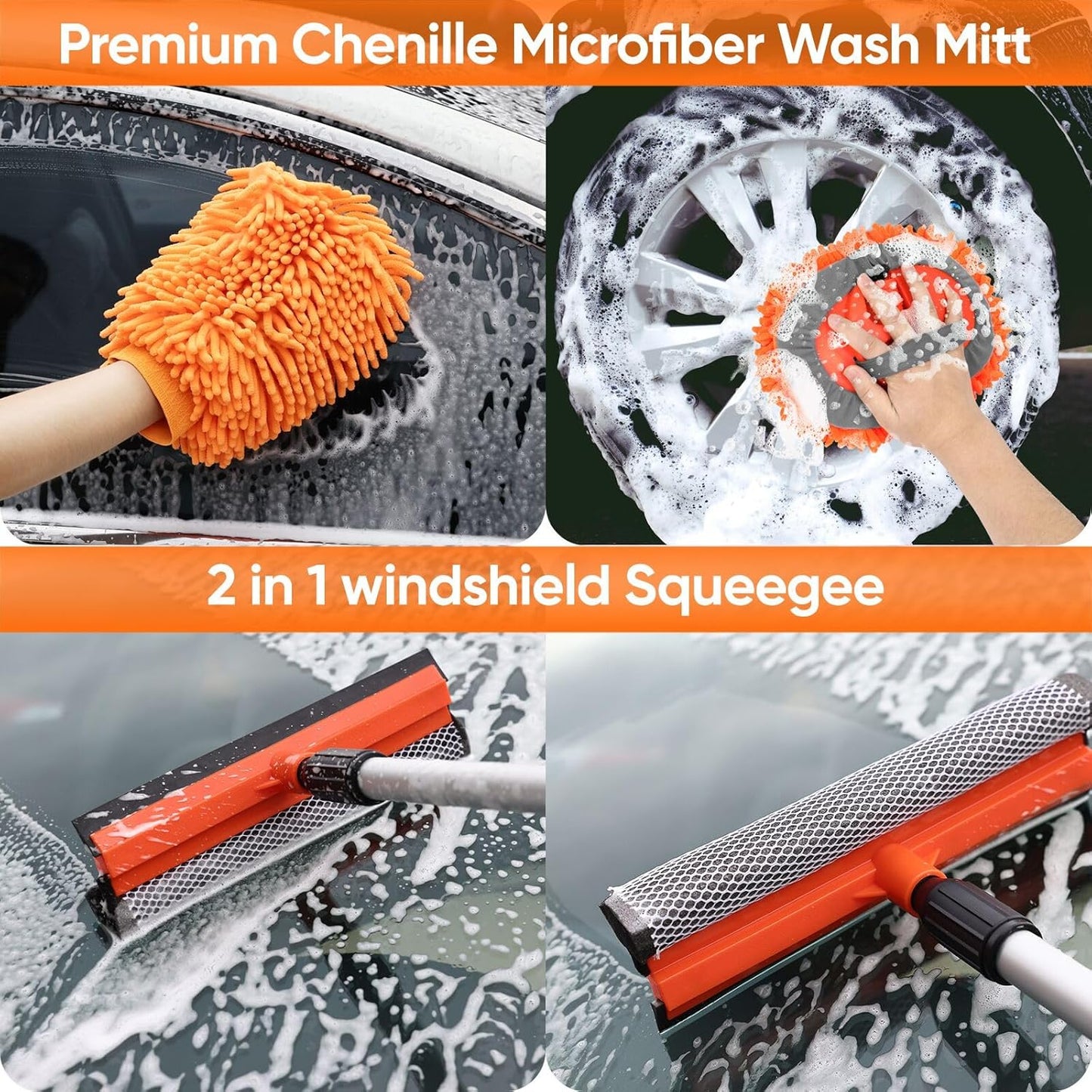 62'' Car Wash Brush with Long Handle, Soft Bristle Scratch-Free Car Wash Cleaning Detailing Brush Mop Kit Wash Mitt Towel Windshield Squeegee Wheel Tire Brush for Car SUV Truck RV Cleaning