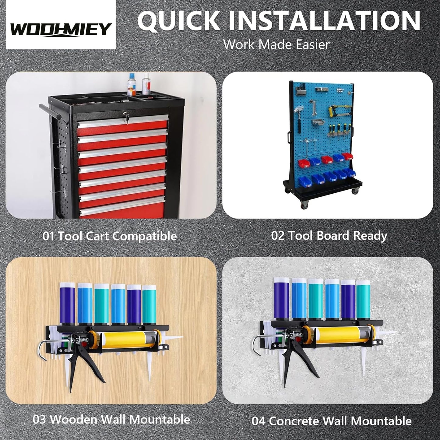 Caulking Tool Holder,Caulking Tool Storage Rack,Wall Mounted Caulk Tube Holder Sealant Organizer with 6 Tube Slots and 6 Nozzle Slots for Garage Workshop Shop