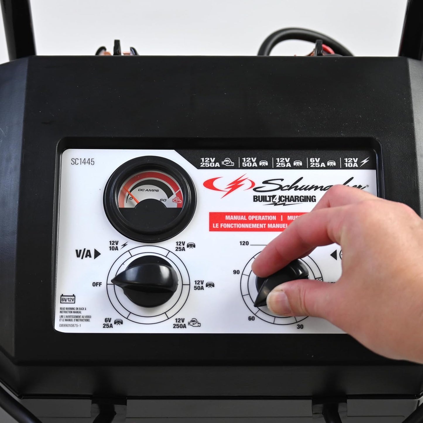 Schumacher Electric Manual Battery Charger & Engine Starter – 6V/12V 250A Heavy-Duty Battery Charger with 50A Boost Mode, Color-Coded Clamps, 6-Foot Output Cables & Rugged Design SC1445