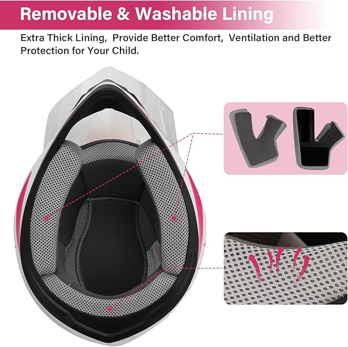 XFMT DOT Youth Kids Dirt Bike Helmet Full Face Motocross Helmets for Off-Road ATV Street Bike Four Wheeler Motorcycle with Goggles & Gloves, Pink Star Small