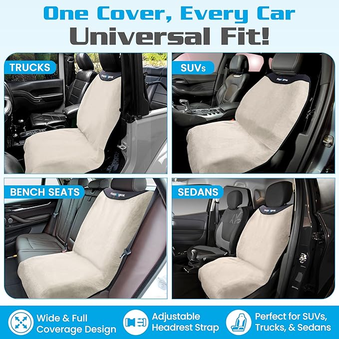 HAPPEGEAR Happeseat Waterproof Car Seat Cover & Protector – Universal Fit Car Seat Towel Cover – Non-Slip Backing, Easy Install & Storage, Machine Washable, Fits Front & Back, Sand