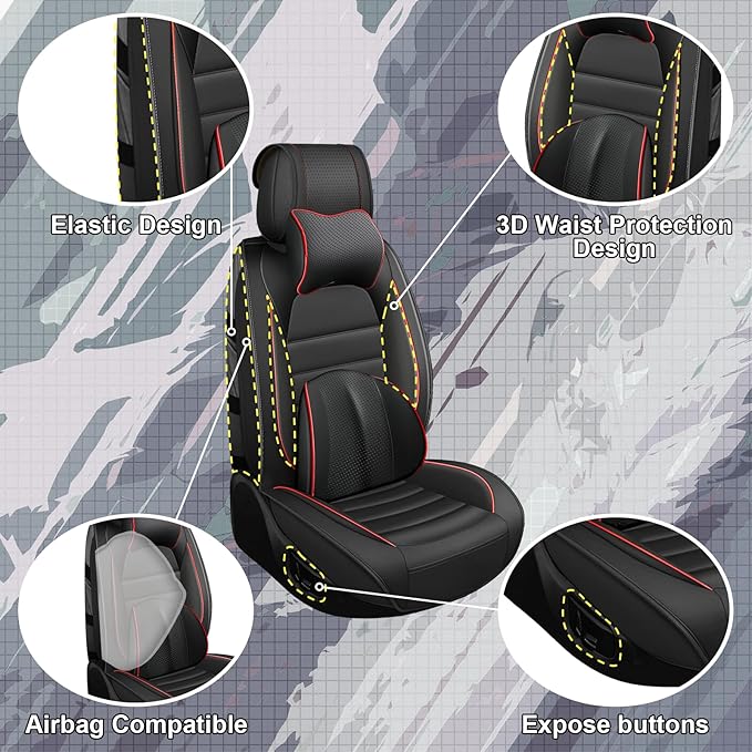 Full Set Car Seat Covers for GMC Sierra 1500/2500/3500 Denali SLT AT4 AT4X Base Seat Covers 2008-2025, Waterproof Premium Nappa Leather Seat Protectors(Luxury 5 Seats/Black&Red)
