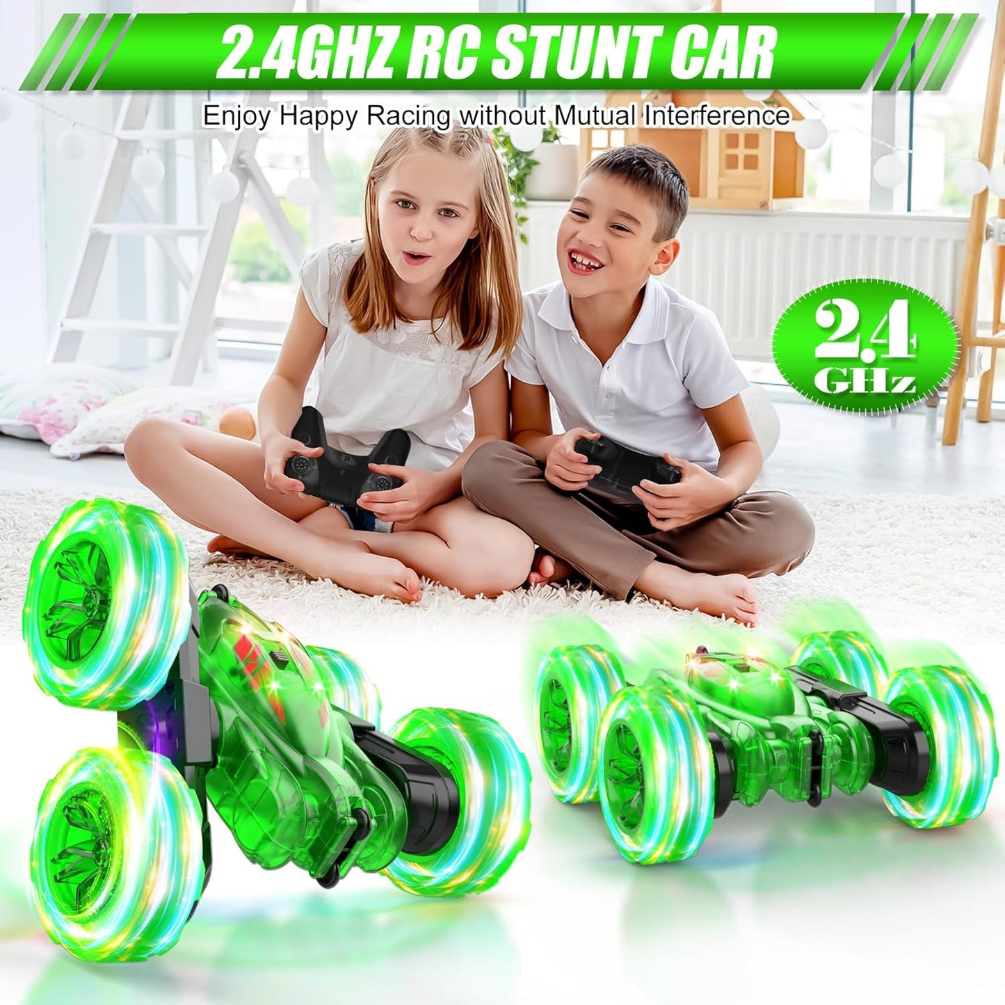 Remote Control Car-Rechargeable Fast Direct Charging RC Cars For Kids with Colorful Light,Double-Sided 360° Rotating RC Stunt Car 4WD RC Truck Car Toys for Ages 5-7 Gift for Boys Girls Aged 8-12 Green