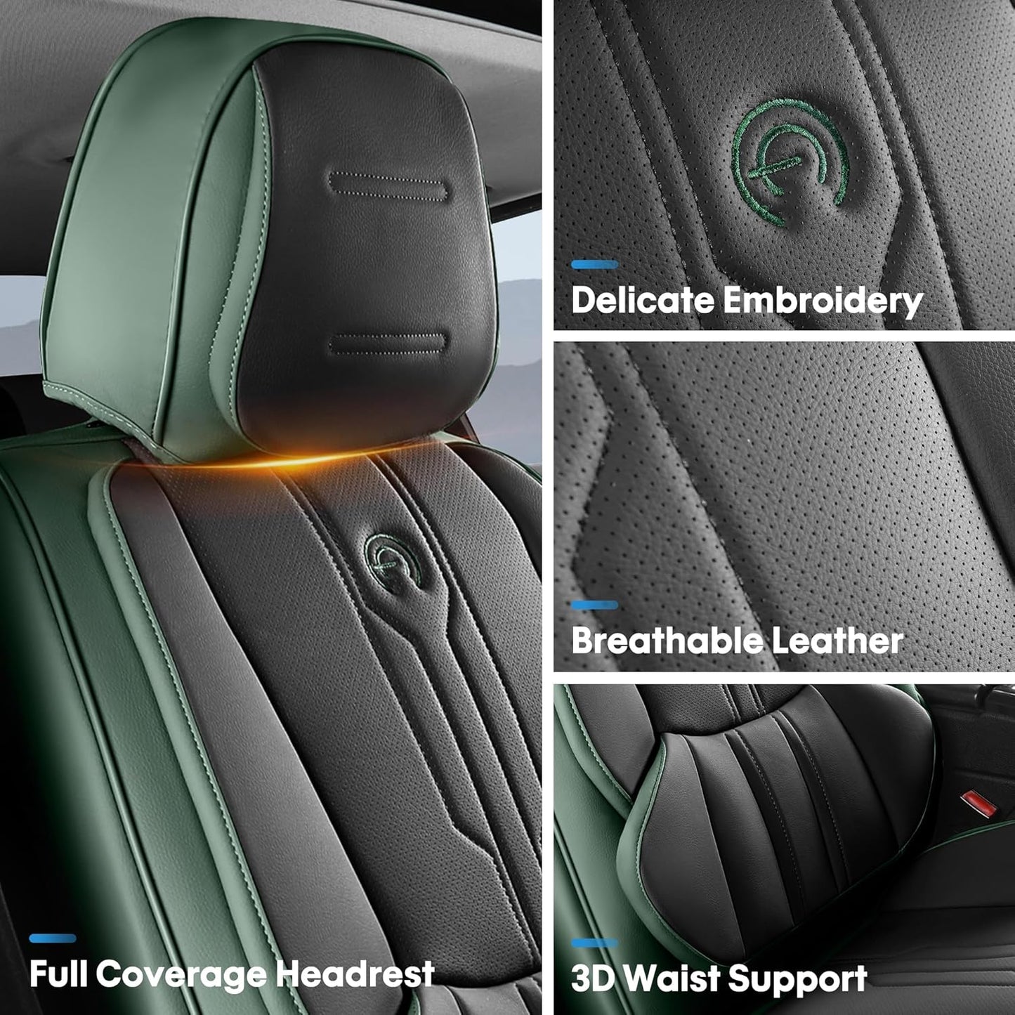 AOOG Front Seat Covers, Car Seat Covers Front Seats, Leather Seat Covers for Cars, Waterproof Seat Covers with Lumbar Support Universal Fit for Most Cars SUV Trucks(Front Pair, Green&Black)