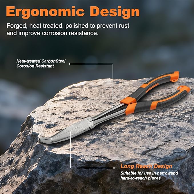 11 Inch Long Needle Nose Pliers - 1 Piece Set of Long Handle Pliers - 90° Curved Steel Designed for Machinists, Technicians and Contractors