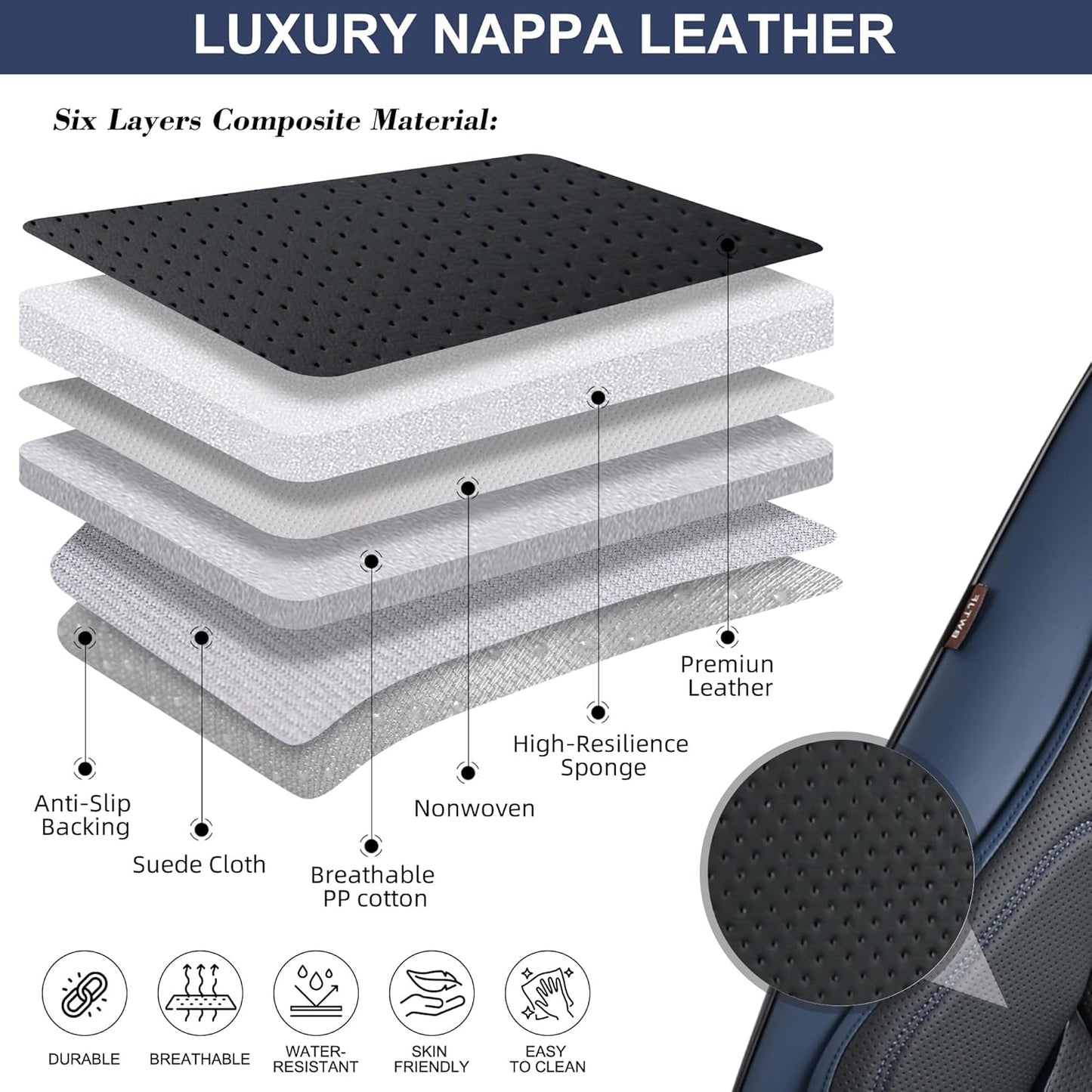 Front Seat Covers, 2 Pieces Universal Seat Covers for Cars, Waterproof Leather Auto Seat Protectors with Head Pillow, Car Seat Cushions Fit for Most Sedans SUV Pick-up Truck, Black&Navy