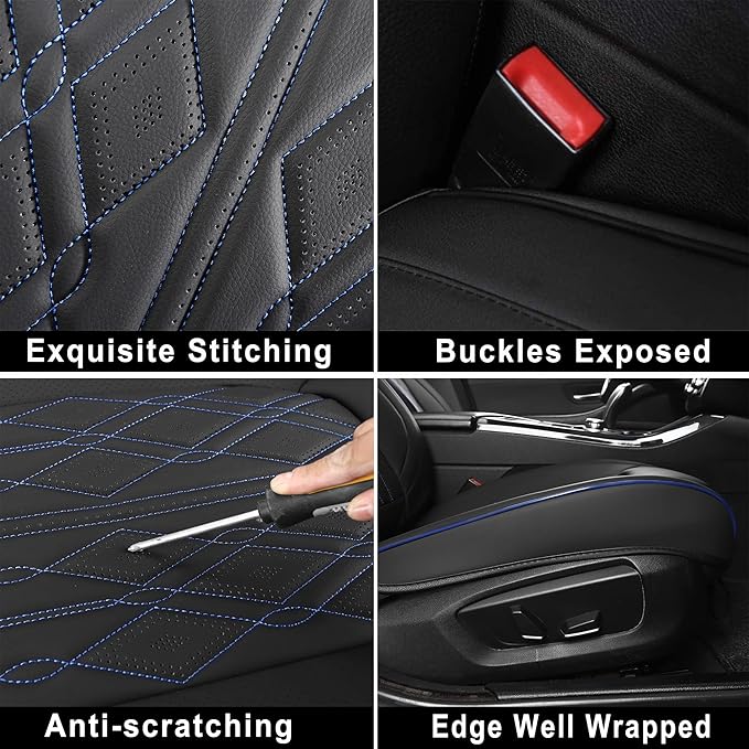 Huidasource Car Seat Covers Full Set, Leather Vehicle Cushion Covers, Universal Fit Most Car Sedan SUV Pickup Truck, Fit for Acura Honda City Nissan Altima Mazda Hyundai Audi (Full Set/Black&Blue)