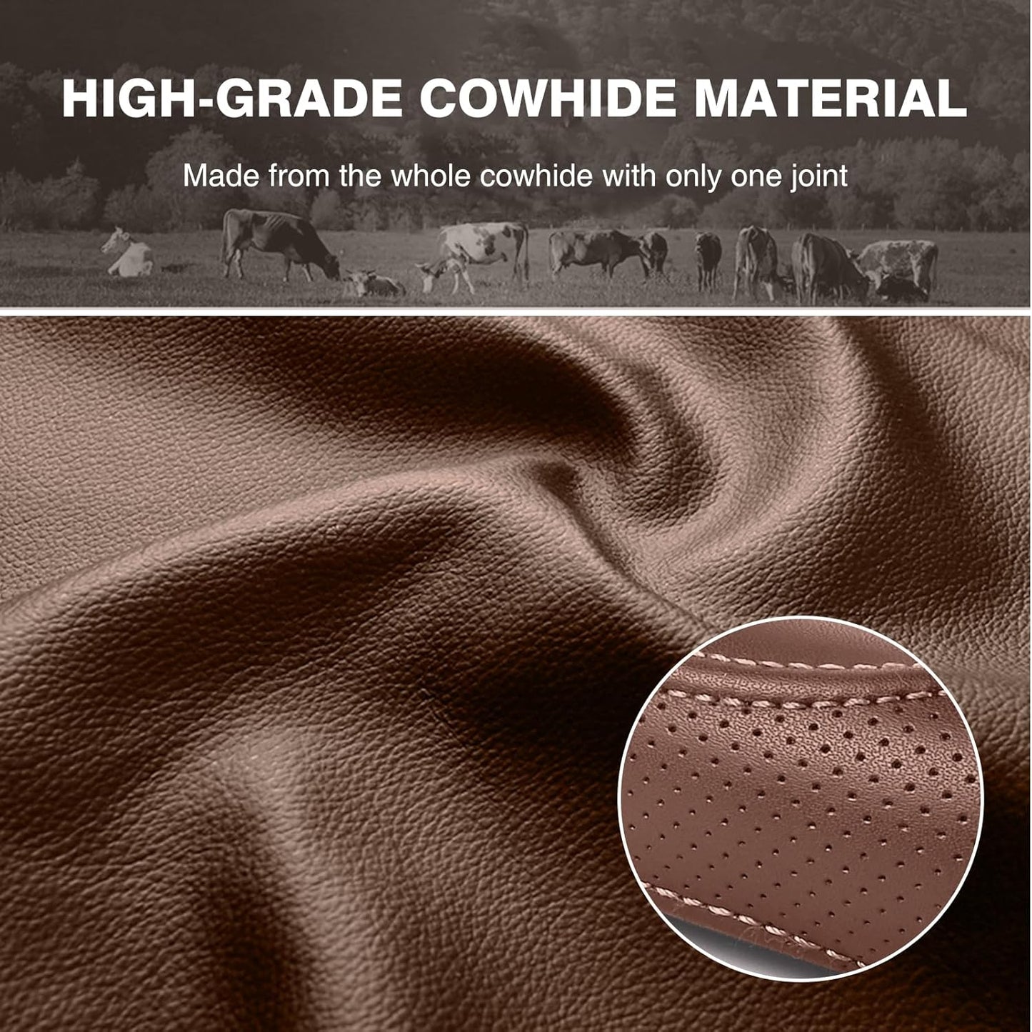 High-Grade Brown Genuine Leather Steering Wheel Cover for Men Women，Real Cowhide Leather Steering Wheel Cover for Cars,Universal 14.5-15 inch Steering Wheels