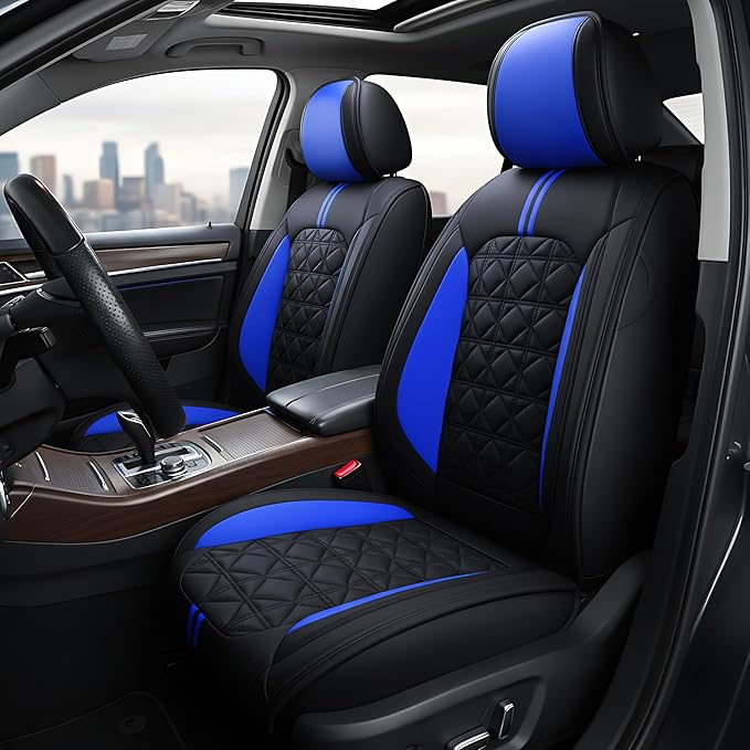 OASIS AUTO Car Seat Covers Full Set Premium Waterproof Faux Leather Cushion Universal Accessories Fit SUV Truck Sedan Automotive Vehicle Auto Interior Protector (OS010-Black&Blue)