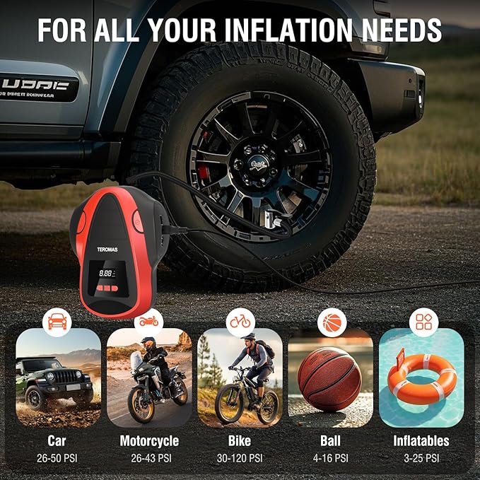 TEROMAS Tire Inflator Portable Air Compressor, Air Pump DC/AC for Car Tires 12V DC and Other Inflatables at Home 110V AC, Digital Electric Tire Pump with Pressure Gauge(Red)