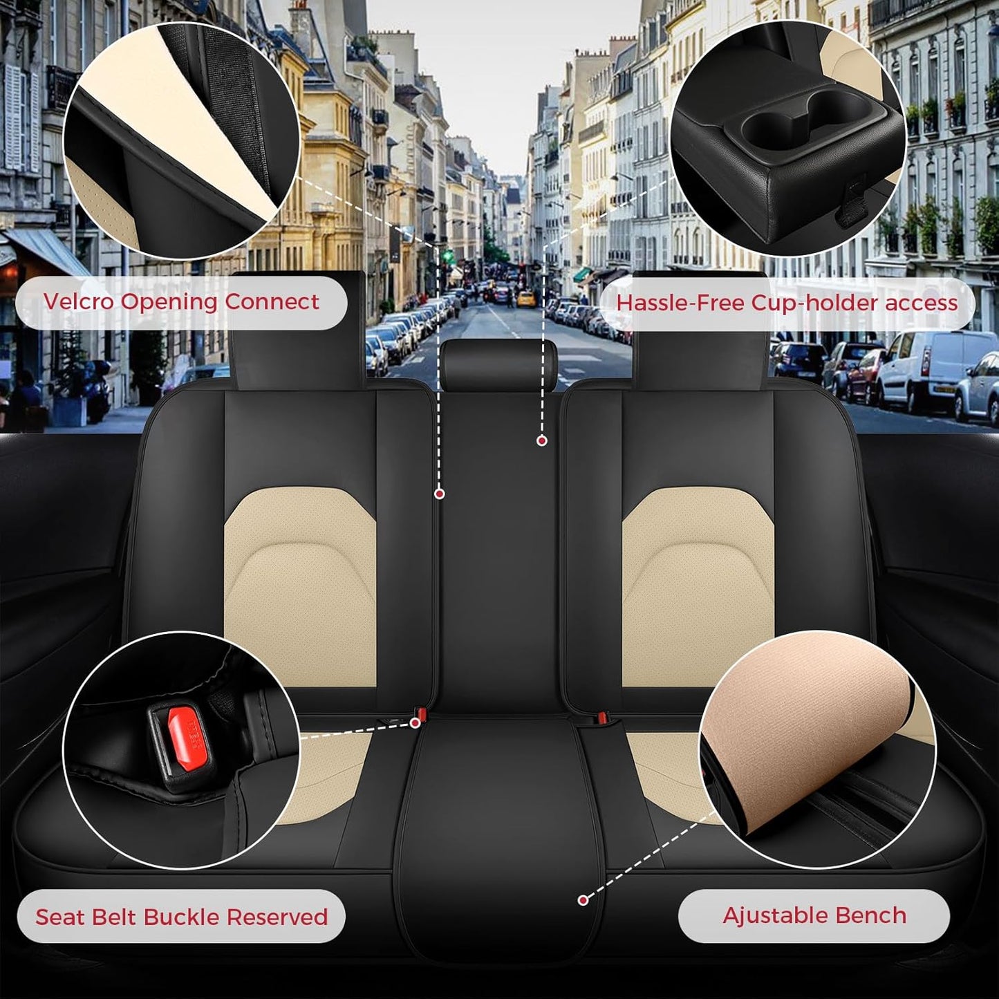 FREESOO Car Seat Covers Full Set,Waterproof Automotive Seat Covers, Leather Cars Interior Covers, Seats Protection Universal fit Babies & Adult (Black Beige)