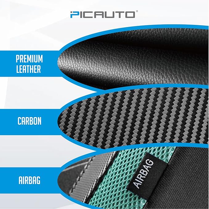 PIC AUTO Leather Car Seat Covers, Sports Carbon Fiber & Mesh Design, High-Back Two Front Set, Waterproof Automotive Seat Covers, Airbag Compatible, Universal Fit for Most Cars (Black & Mint)