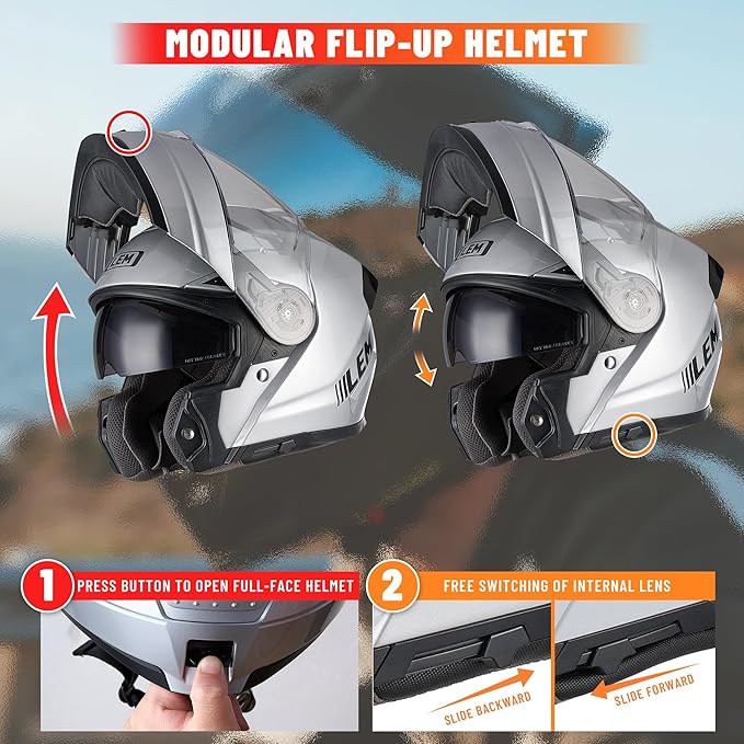 LEM Modular Motorcycle Helmets Fiberglass, Full Face Motorcycle Helmet Flip Up for Touring, DOT Certified, Release Sun Visor & Removable Comfort Liner, Lightweight Street Bike Helmet (Silver, L)