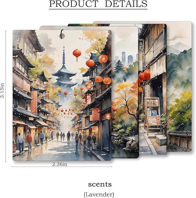Vintage Japanese Landscape Car Air Freshener 4 Pcs, Watercolor Mountains Temple Hanging Scents Air Freshener for Women Men Gifts, Retro Scented Car Accessories Decor for Room Closet Drawer