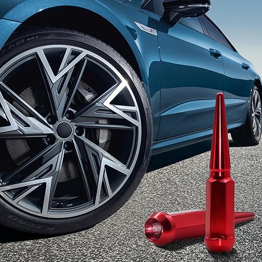 1/2"-20 Red Wheel Spike Lug Nuts, 32 PCS Lug Nut Accessories with 1 Socket Key, Thread Spiked 4.4" Long Closed End Nuts Compatible with Wrangler Cherokee Explorer