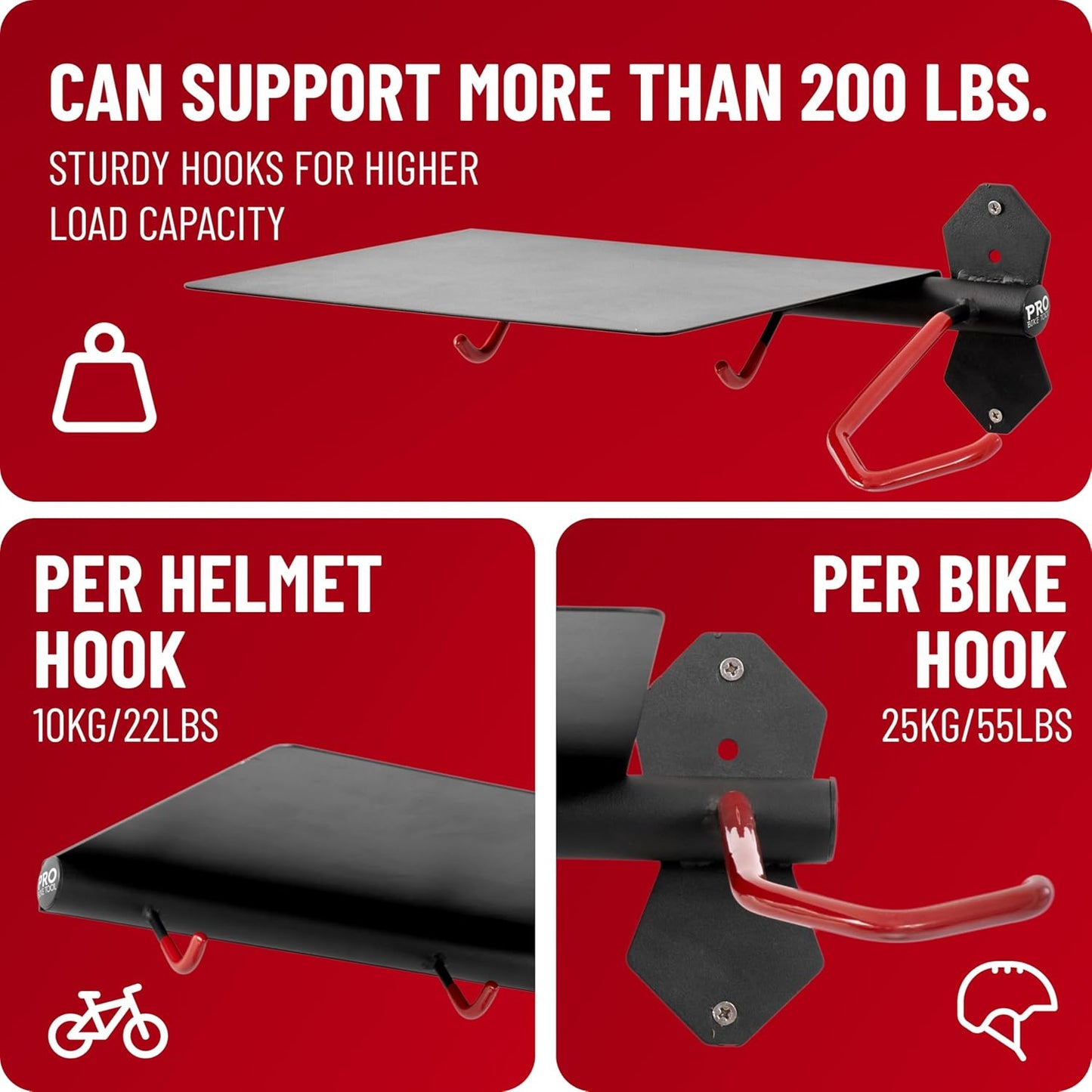 PRO BIKE TOOL Bike Storage Rack - Indoor Bike Rack for Bicycle and Accessories - Compact Steel Bike Holder - Easy Installation - Black and Red - Durable Metal Construction for Home or Garage