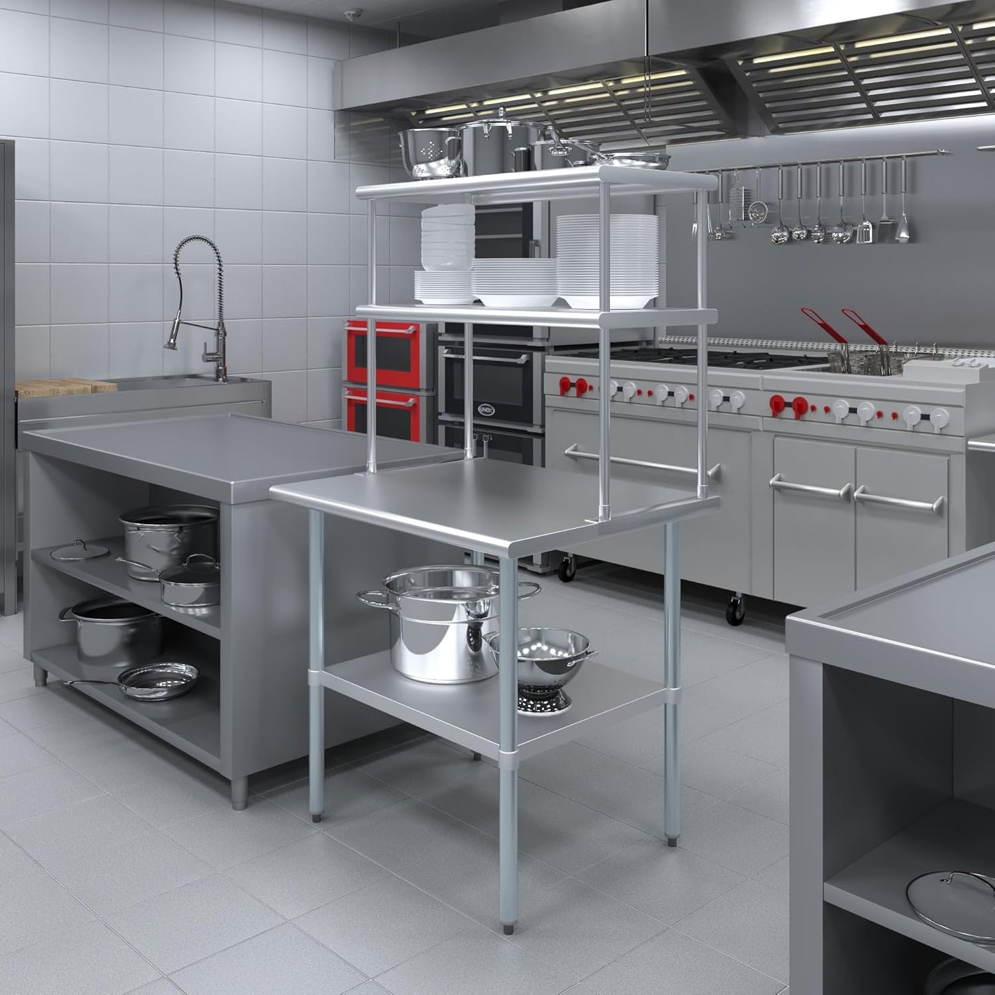 Amgood Stainless Steel Work Table Double Tier Overshelf | Metal Kitchen Prep Table & Shelving Combo (30" x 36" Work Table + 18" Overshelf)