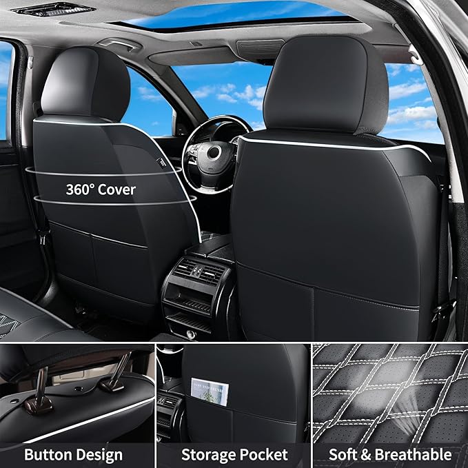 Huidasource F150 Front & Back Leather Seat Covers Accessories Fit for 2015-2025 F150 SuperCrew & 2017-2025 F250 F350 F450 Super Duty Crew Cab XL XLT Lariat King Ranch Platinum(Full Set/Black&White)