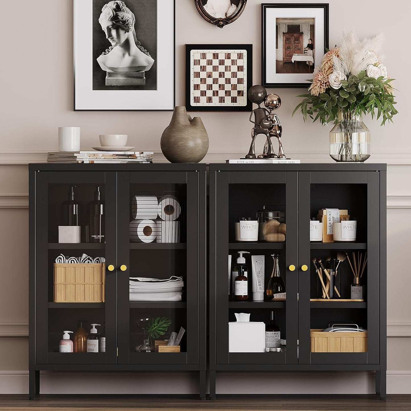 Metal Bathroom Cabinet with Glass Doors,Bathroom Floor Storage Cabinet with 2 Adjustable Shelves & 2 Doors, Sideboard for Small Spaces, Living Room, Dining Room, Home Office