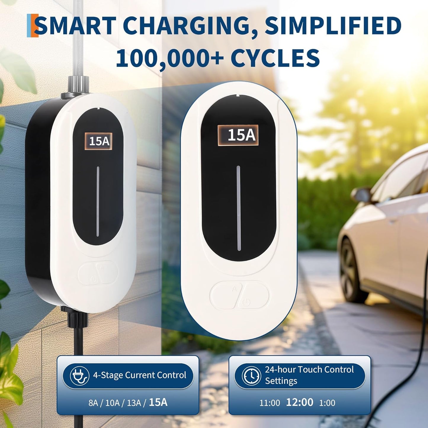 Level 1 EV Charger, 15A 110V Voltage, NEMA 5-15 Plug, 25ft Cable, Adjustable Current/Delay Timer, SAE J1772 Listed Portable Electric Car Charger for Indoor/Outdoor Use