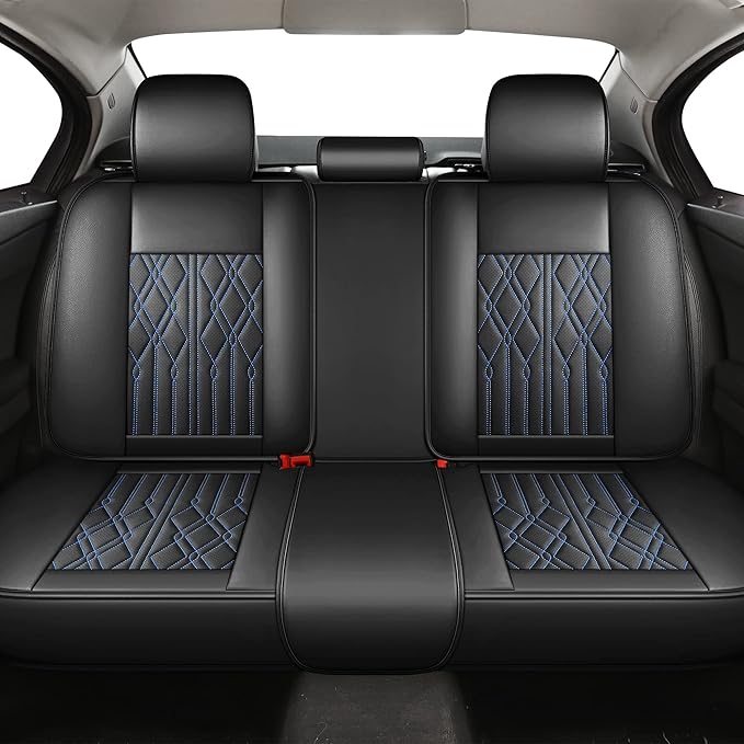 Huidasource Back Seat Covers, Waterproof Leather Rear Split Bench Car Seat Cover, Vehicle Seat Cushion Cover Protector Universal Fit for Most Cars Sedan Pickup Truck SUV(Back Row/Black&Blue)