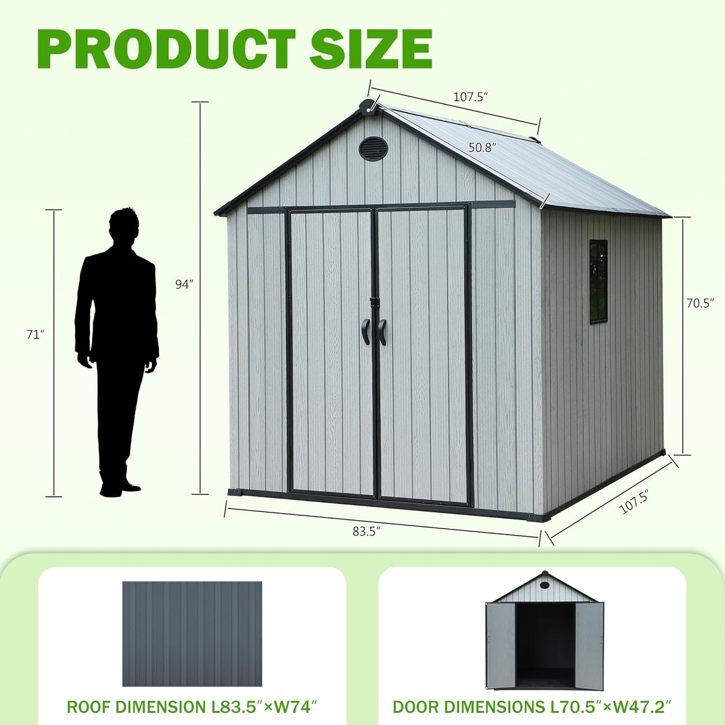 9×7 FT Outdoor Storage Shed, Large Backyard Sheds with Door, All-Weather Plastic Shed with Window, Vents, for Backyard, Patio, Lawn (9×7 FT)