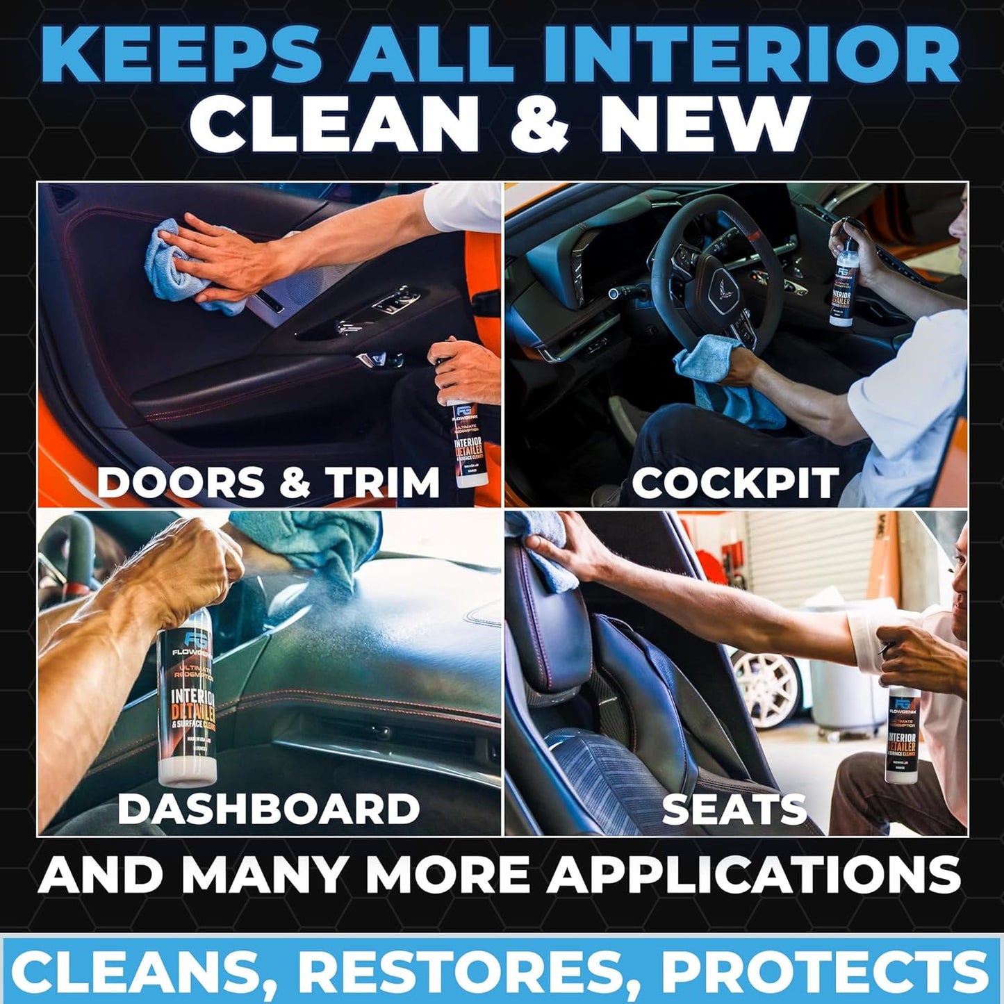 Interior Car Cleaner and Protectant Spray - Interior Detailer and Restoration for Seats, Upholstery, Dashboard, Vinyl, Trim & more - Automotive Detailing Spray for Cars, Motorcycle, RV