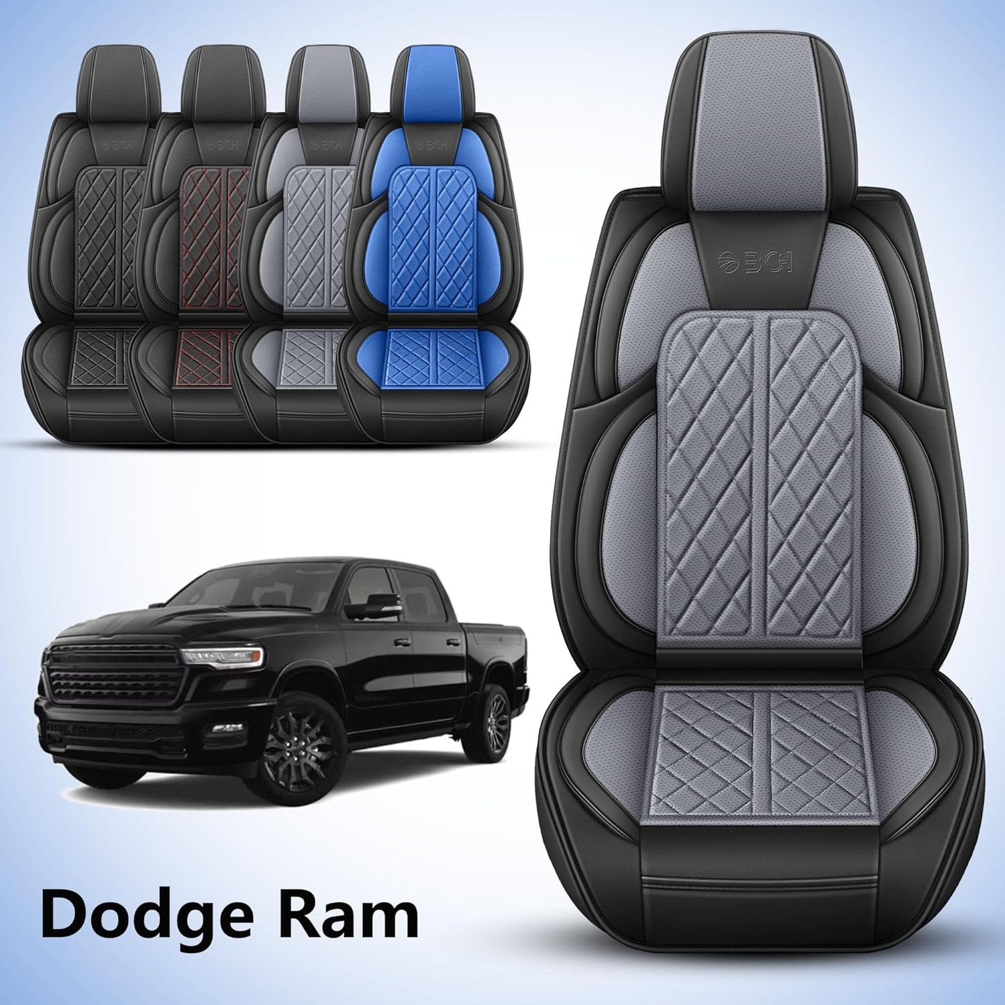 Car Seat Cover Custom Fit for Dodge Ram 1500 2500 3500 2002-2024 Faux Leather Seat Cover Set Compatible with Crew Quad Regular Cab Pickup Truck Cushions (Black & Grey, Full Set, Curved Rear)