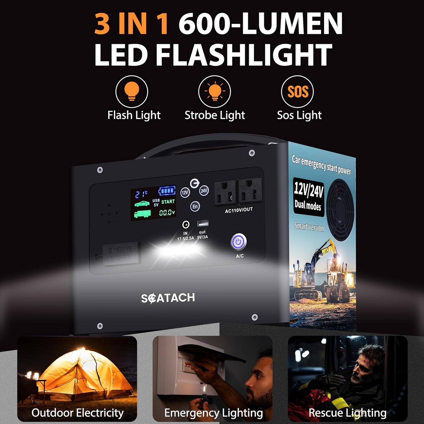 Scatach 10000A Jump Starter, 24V 400W Inverter Battery Jumper Starter Power Station for All Gas or Diesel Engines, 155Wh Heavy Duty Truck Jump Starters Portable Power Bank for Outdoors Camping Travel