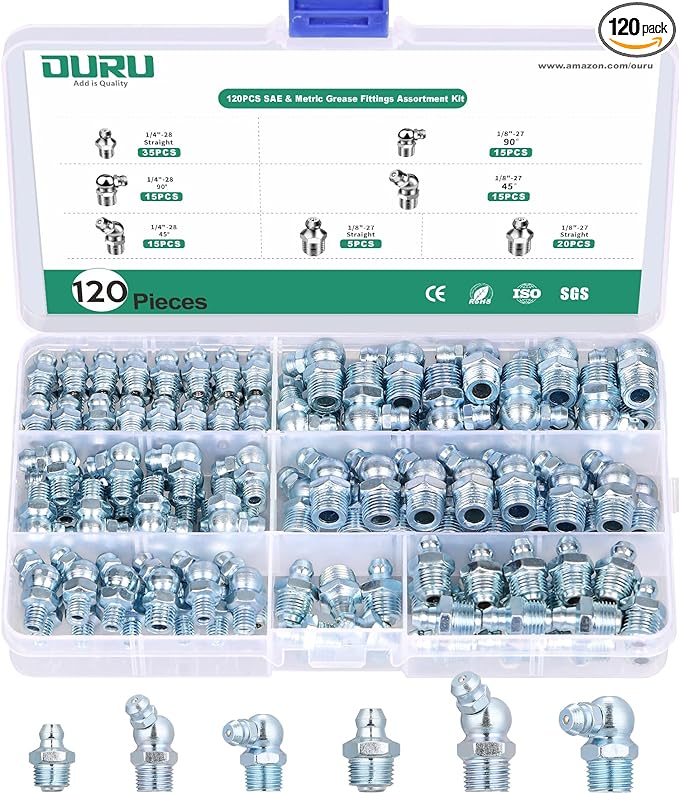 Grease Fittings Assortment, 120PCS SAE Zerk Grease Fittings NPT 1/4" 1/8", Straight 45 90 Degree Grease Nipple for Grease Gun