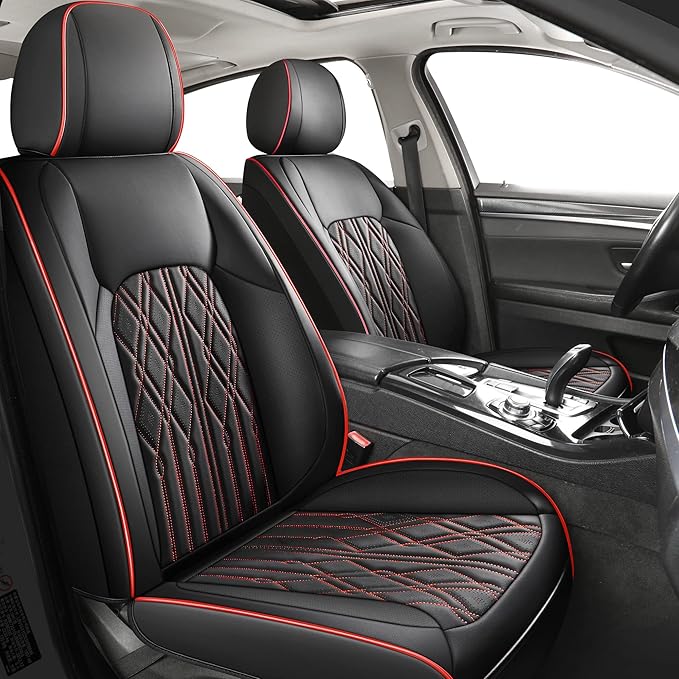 Huidasource Car Seat Covers Full Set, Leather Vehicle Cushion Covers, Universal Fit for Most Car Sedan SUV Pickup Truck, Fit for Acura Honda City Nissan Altima Mazda Hyundai (Full Set/Black&Red)