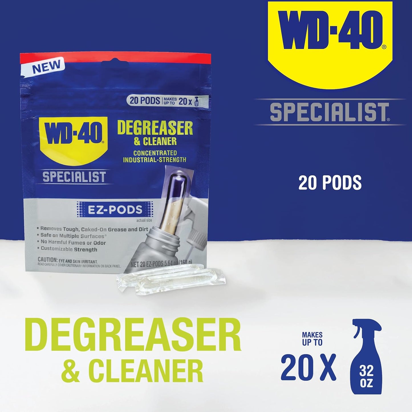WD-40 Specialist Degreaser and Cleaner EZ-PODS, Customizable Industrial-Strength Concentrate, Multi-Surface Cleaning Solution, 1-Pack of 20 PODS