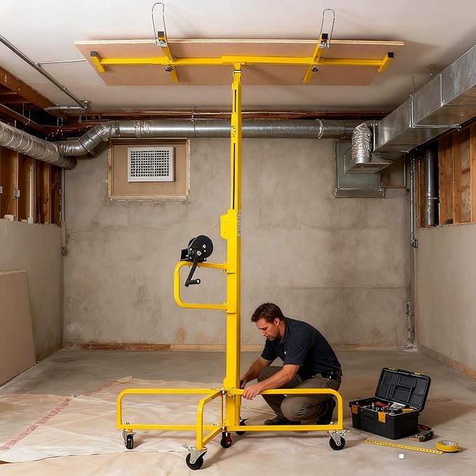 16FT Drywall Lift Sheetrock Lift, 150LBS Drywall Lift Panel Hoist with 4 Lockable Wheels for Ceiling, Drywall Rolling Lifter Panel, Drywall Jack Lift for Home & Commercial Use, Yellow