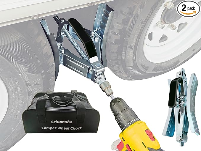 Camper Wheel Chock, Heavy Duty Rotatable X Shaped Stabilizer for RV Trailer (Drill Adjusted), 2 Sets of Tire Lock Chocks (Patented)