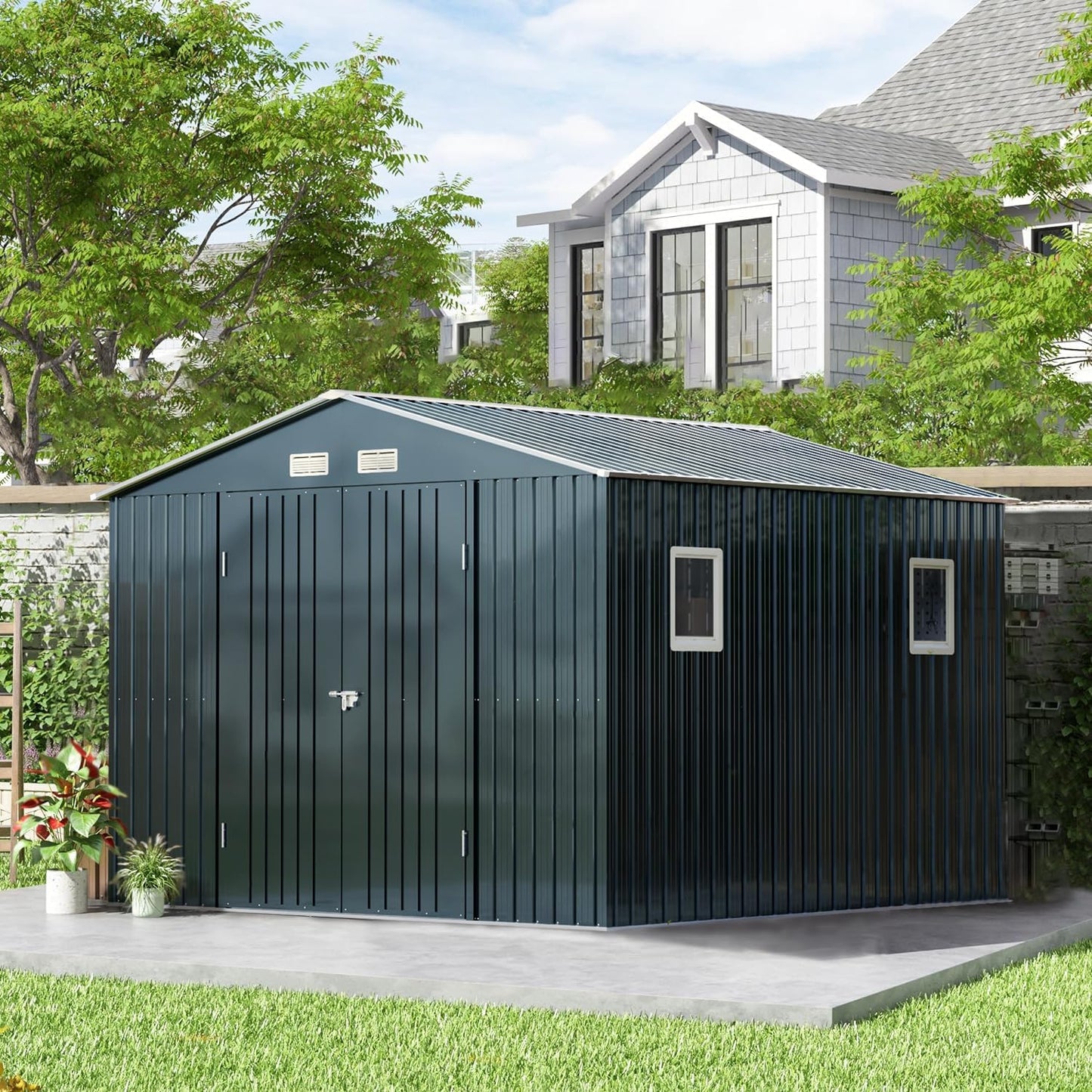 Breezz Outdoor Storage Shed 10 x 10 ft. Utility Tool Shed Metal Storage Garden Shed with Lockable Doors, Windows & Metal Frame Floor for Patio Storage,Nightblue