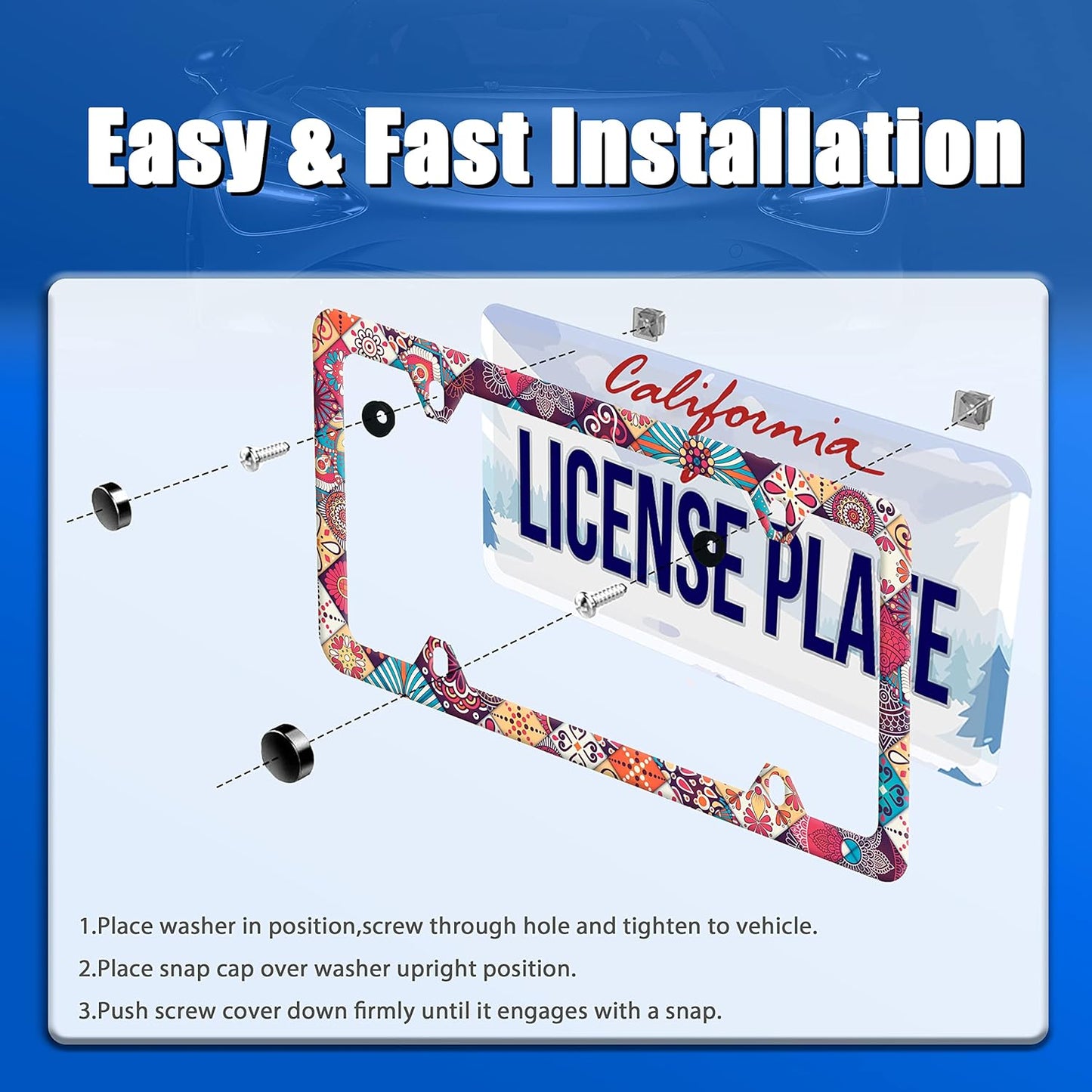 Stitching Tile Boho Pattern License Plate Frame Stainless Steel Parts Colorful License Plate Decorative with Screws Size 12.3" x 6.3" Women