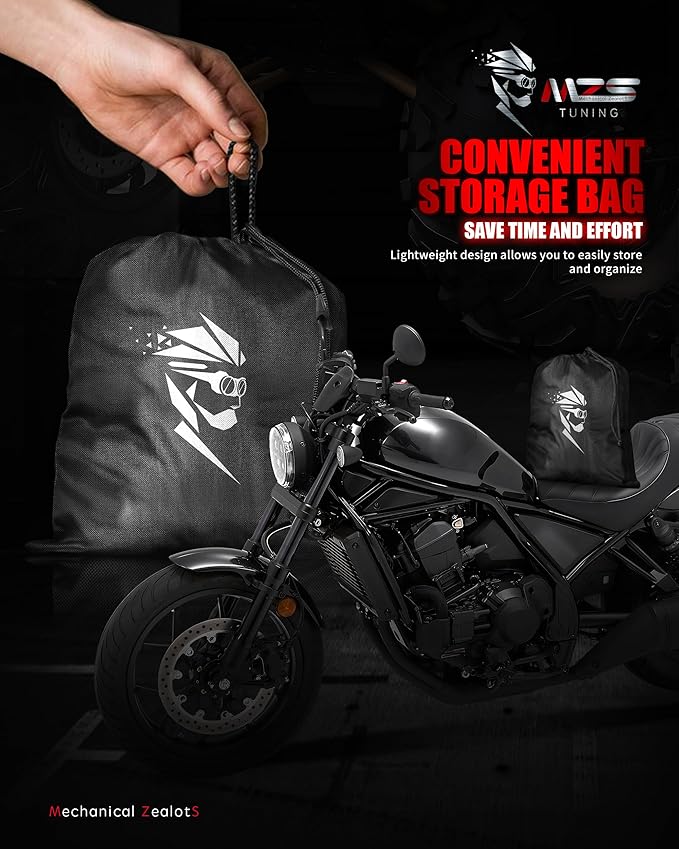 MZS Motorcycle Cover Waterproof Outdoor, Heavy Duty All Season Weather Sun Protection with Storage Bag Vents Night Reflective Cotton Lining Lock Holes fits up to 96" Motorcycles Vehicle Covers
