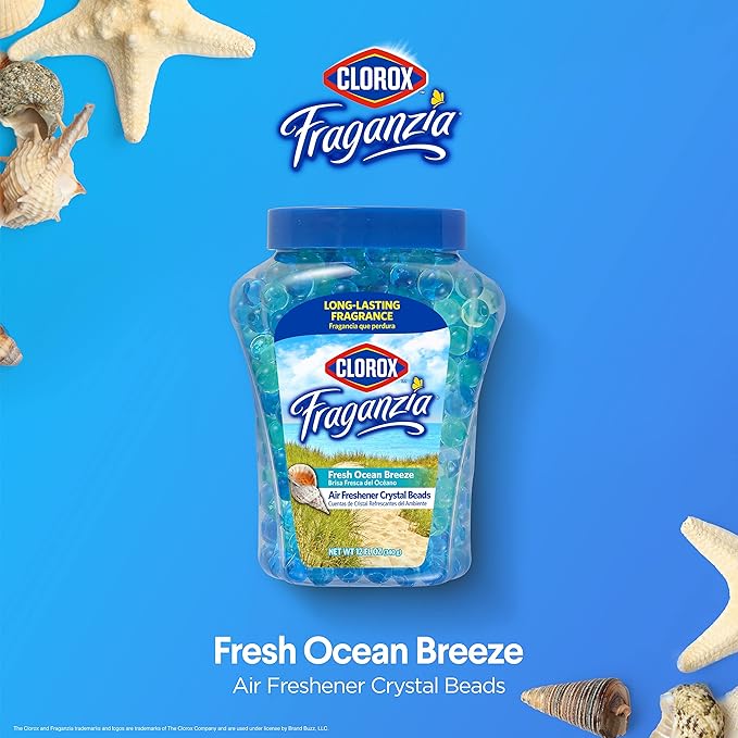 Clorox Fraganzia Crystal Beads Air Freshener in Fresh Ocean Breeze Scent - Long-Lasting Room Deodorizer - Odor Eliminator Gel Beads to Freshen Home, Car, or Office, 12 Fl Oz