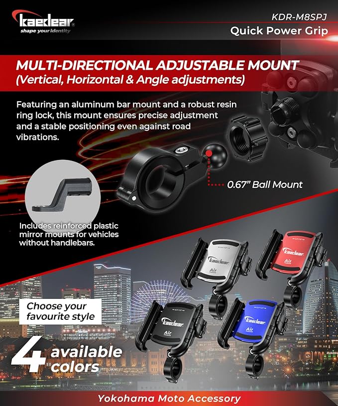Kaedear Motorcycle Phone Holder, Phone Mount, Air Mount, Vibration Absorbing Mount, Quick Release, Power Grip, KDR-M8SPJ (Black)